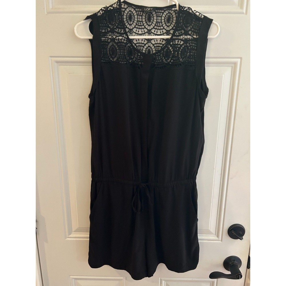 Loft Romper Womens Size Small Crochet Detail Black Short Drawstring Waist EUC